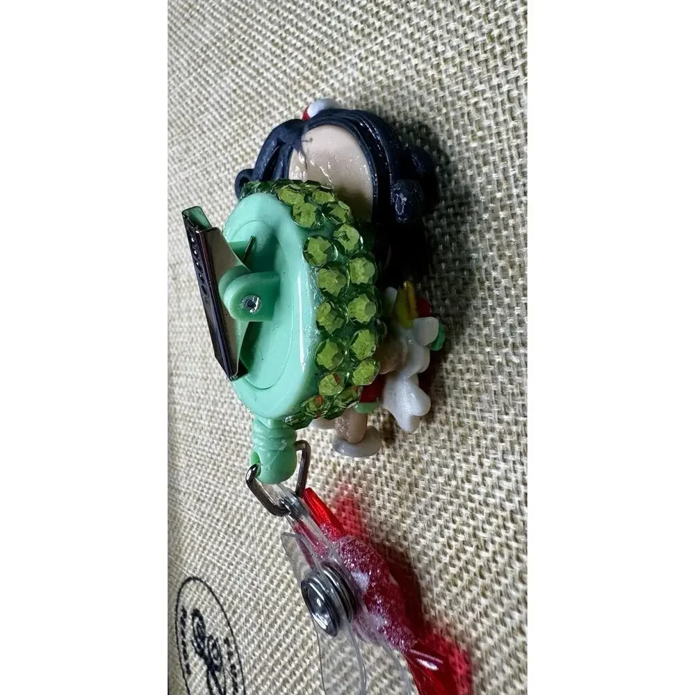Christmas Girl With Unicorn On Green Rhinestone Retractable Badge Reel Handmade